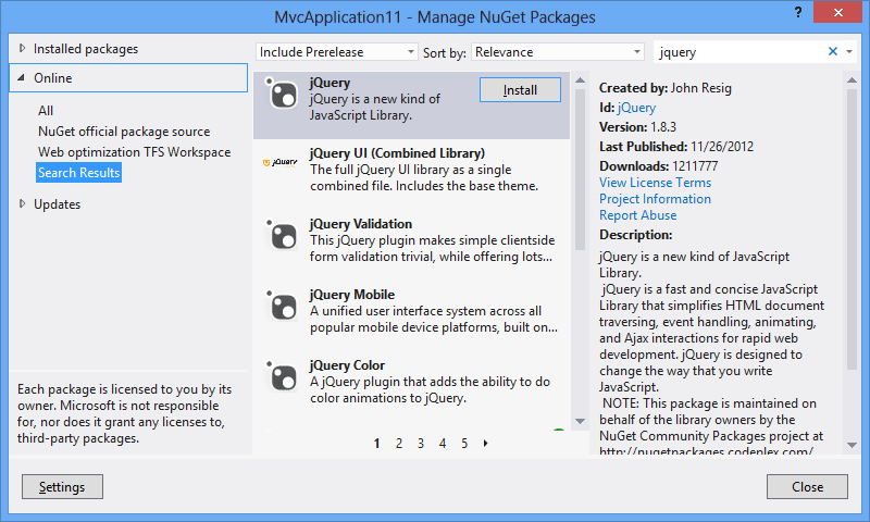 Finestra di dialogo della Gestione Pacchetti NuGet prepopolata