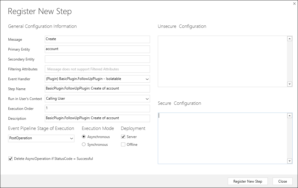 Screenshot of the Register New Step dialog in the Plug-in Registration tool showing message, entity, and pipeline stage fields.
