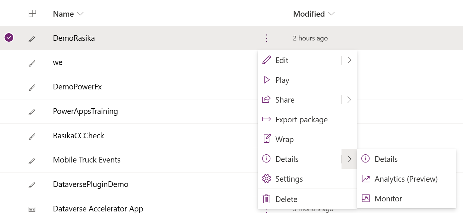 Screenshot di Power Apps con il menu di scelta rapida aperto, che mostra Monitor nel menu.