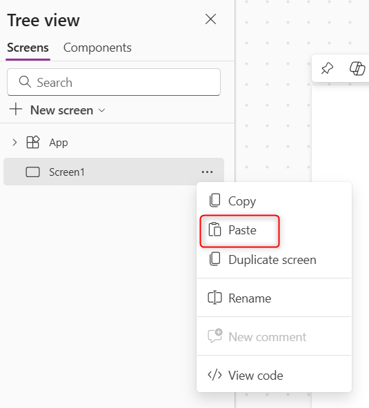 Screenshot della visualizzazione ad albero in Power Apps Studio, con l'opzione Incolla codice evidenziata nel menu contestuale di un controllo.