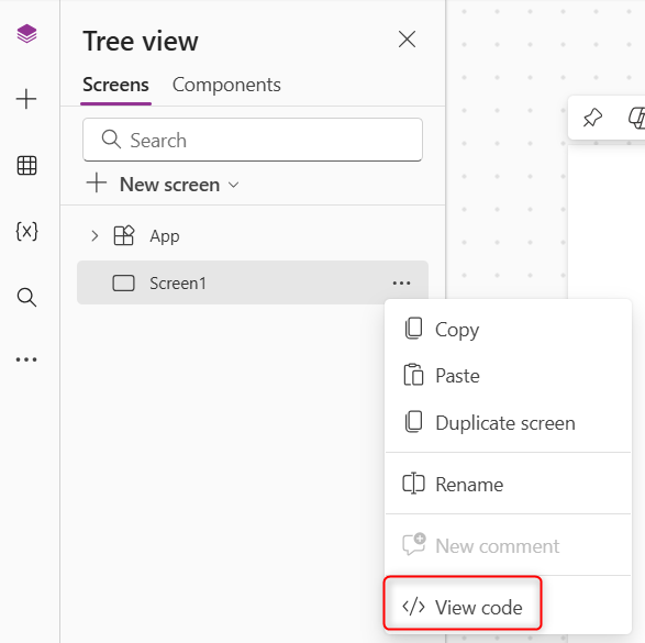 Screenshot della visualizzazione ad albero in Power Apps Studio, con l'opzione Visualizza codice evidenziata nel menu contestuale di un controllo.