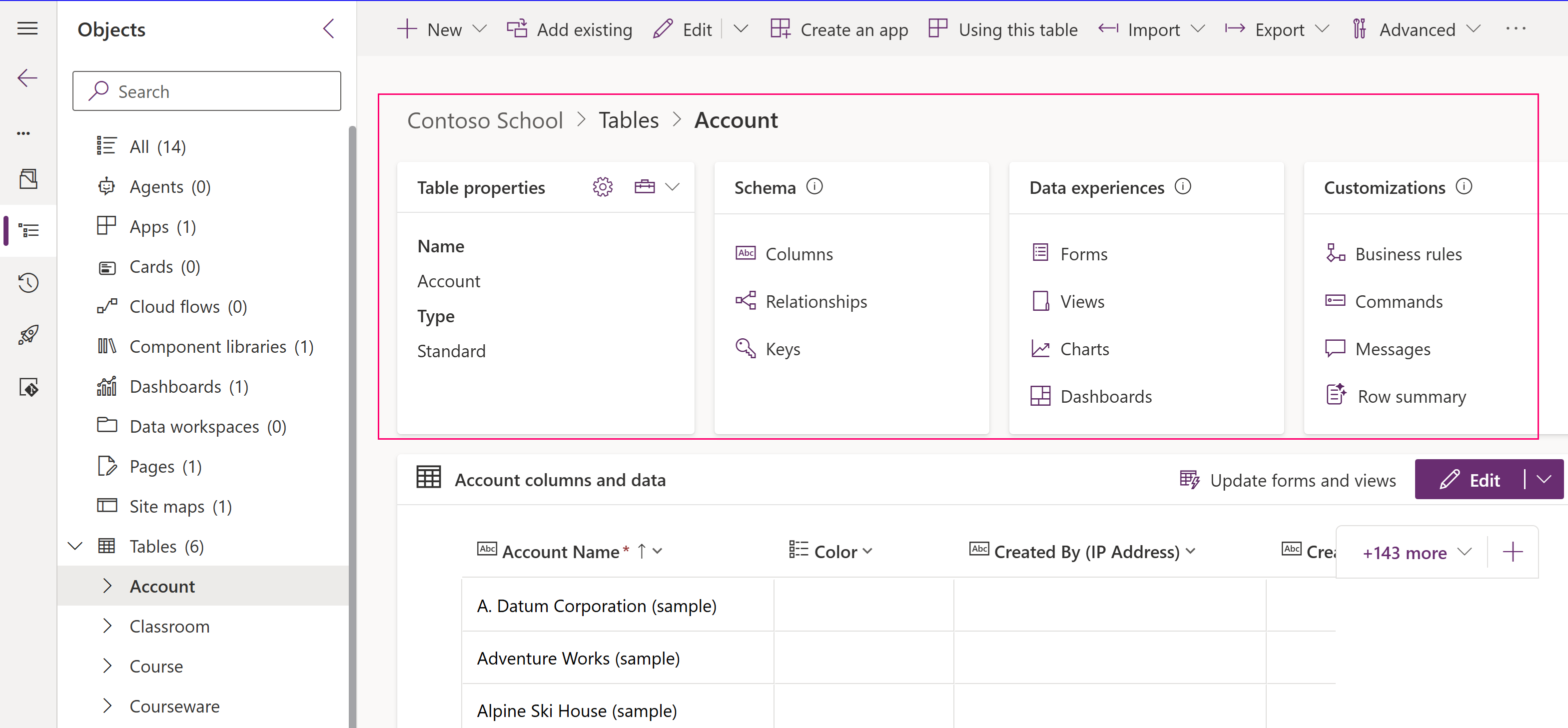 Tabella account con oggetti da visualizzare