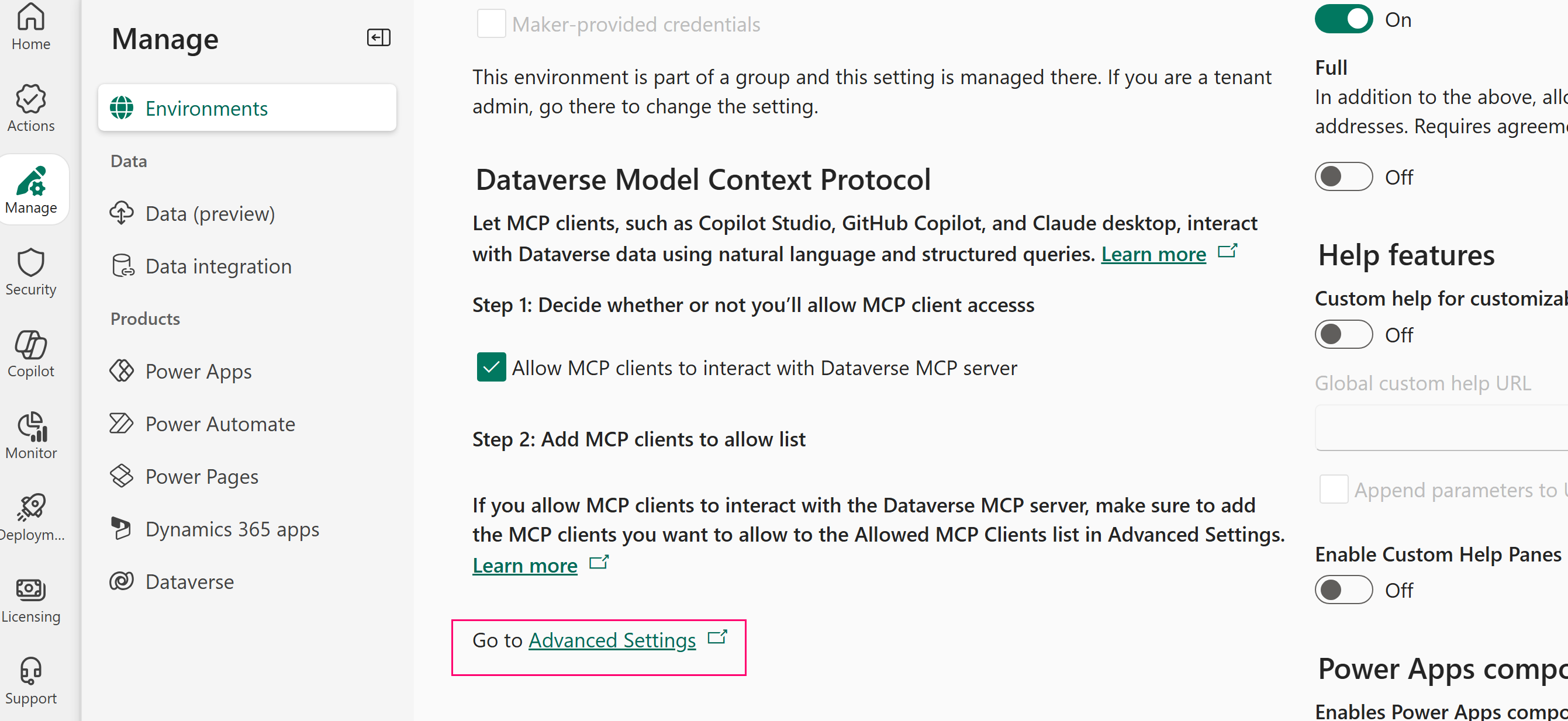 Abilitare client MCP non-Microsoft per Dataverse