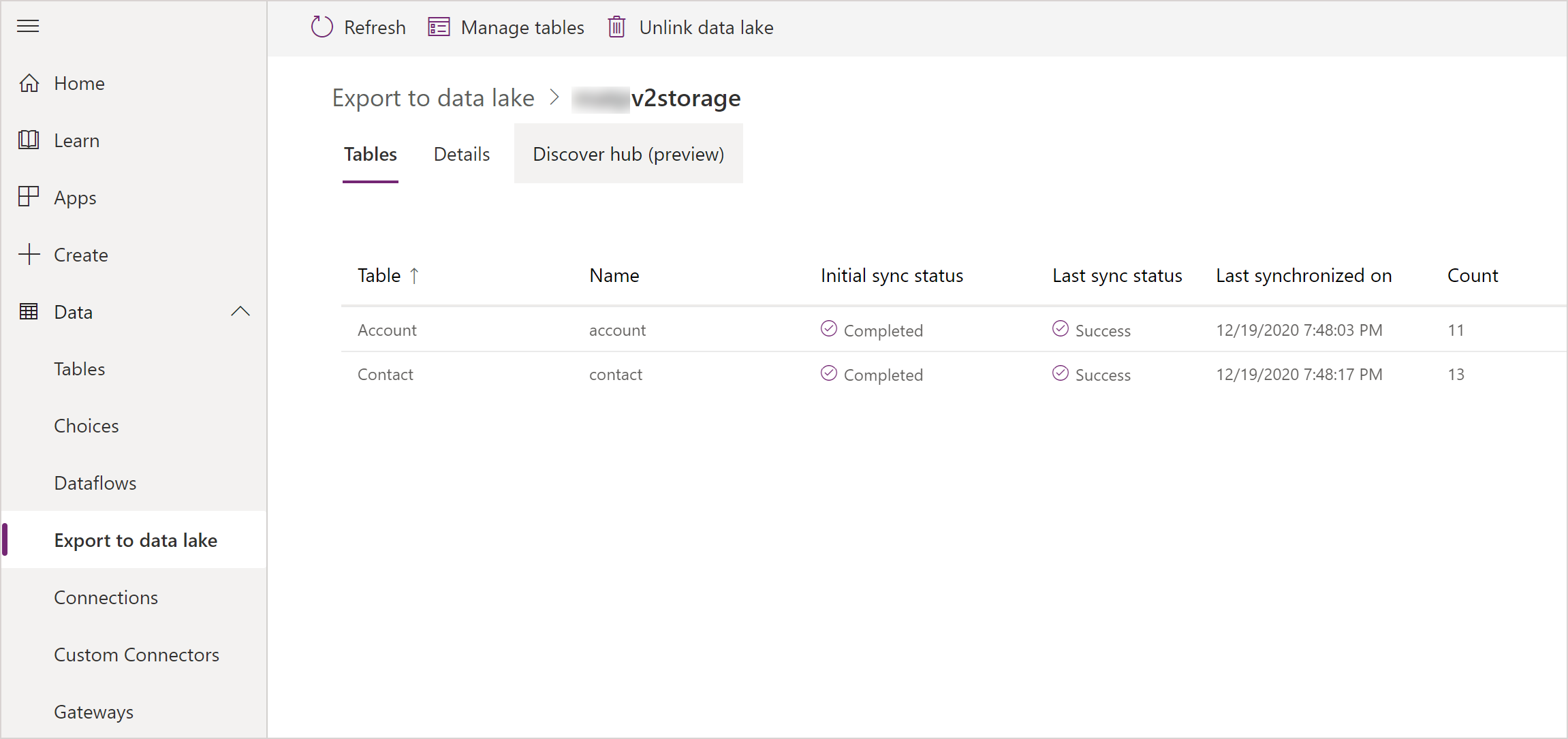 Tabelle Azure Synapse Link per Dataverse importate.
