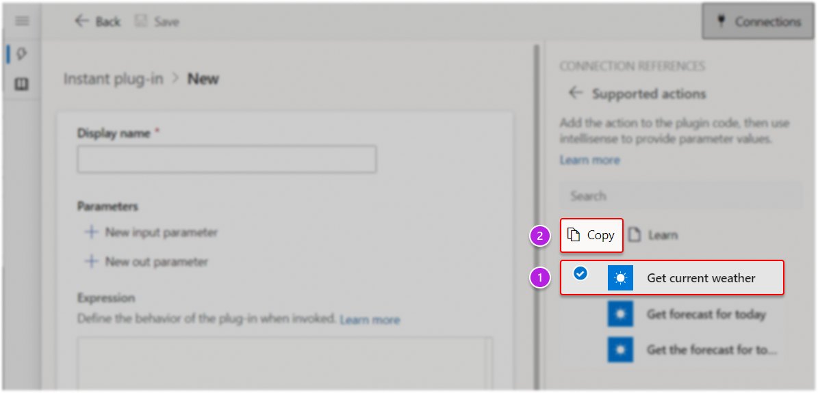 Copia il frammento di azione dal riquadro delle connessioni