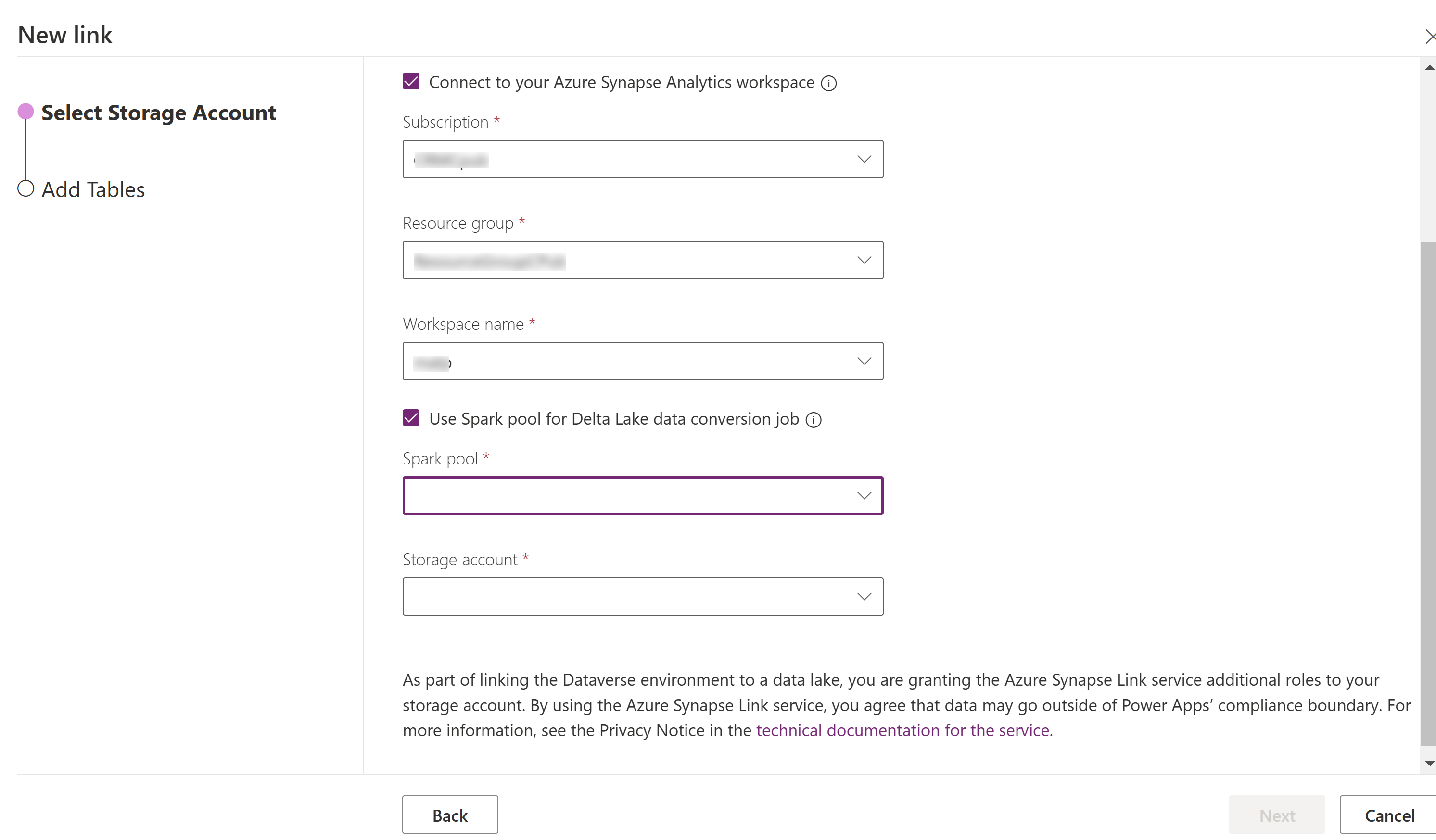 Azure Synapse Link per la configurazione di Dataverse che include spark pool.