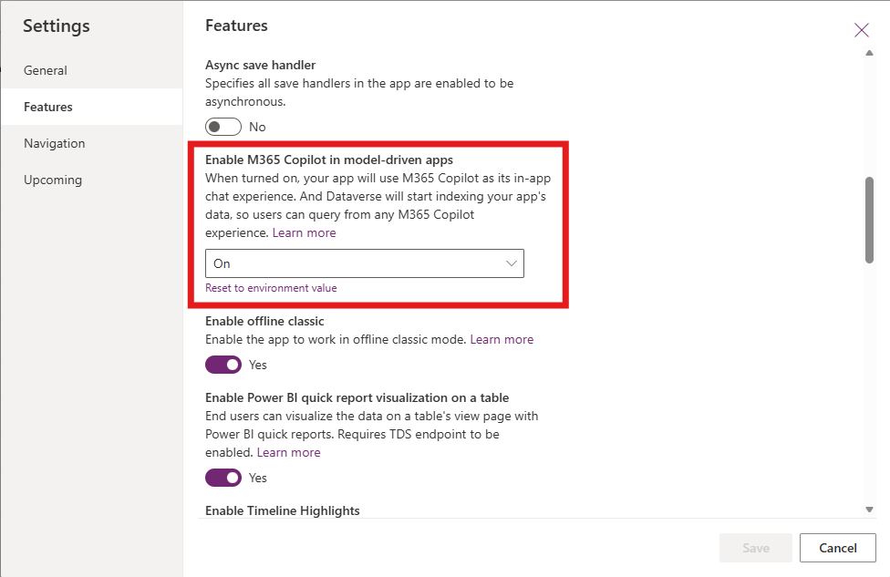 Screenshot che mostra come attivare o disattivare Microsoft 365 Copilot in un'app basata su modello.