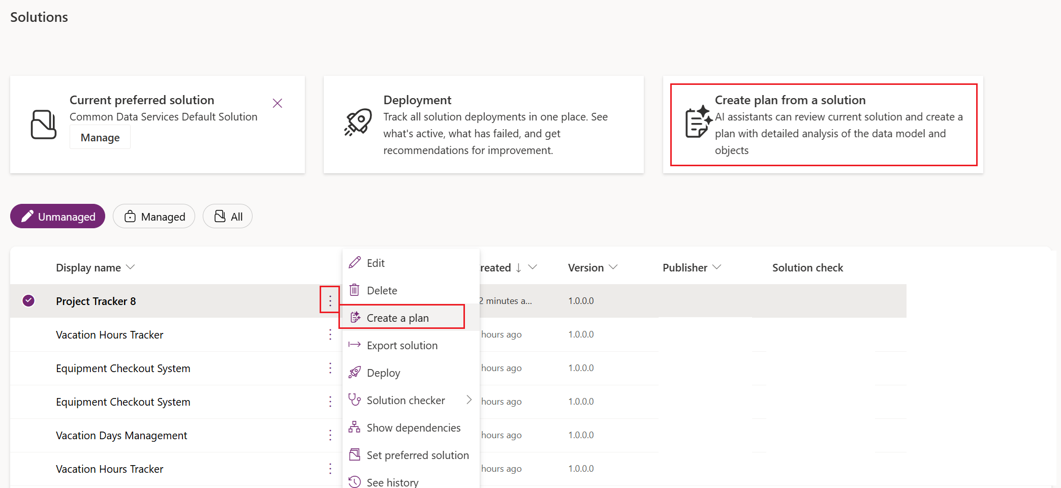 Screenshot della creazione di un piano da una soluzione.