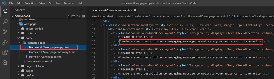 Visual Studio Code con testo evidenziato per la modifica Visual Studio Code con testo evidenziato per la modifica.