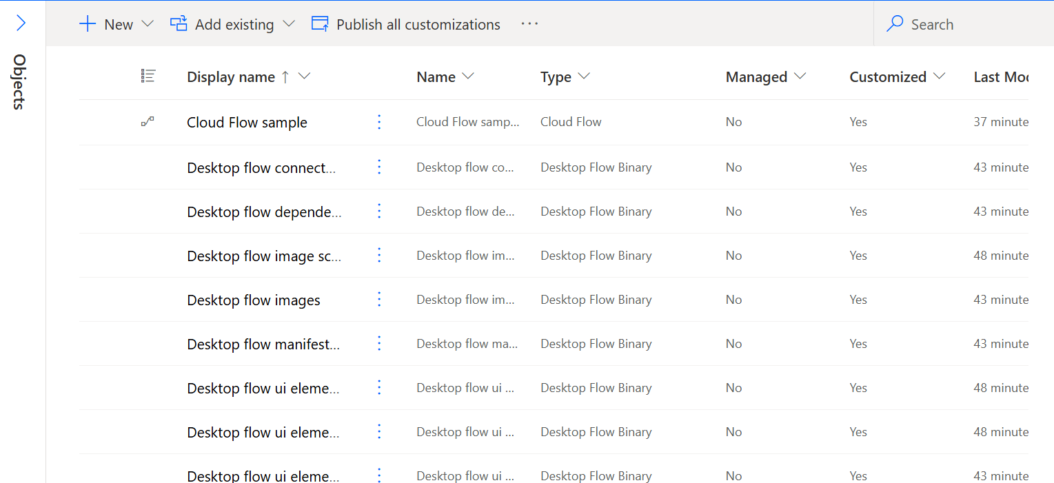 Screenshot del flusso desktop, un flusso cloud e riferimenti a una connessione in una soluzione