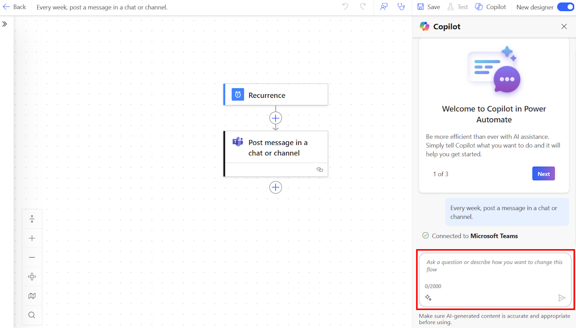 Screenshot della finestra di progettazione di flussi cloud con Copilot che mostra il flusso.
