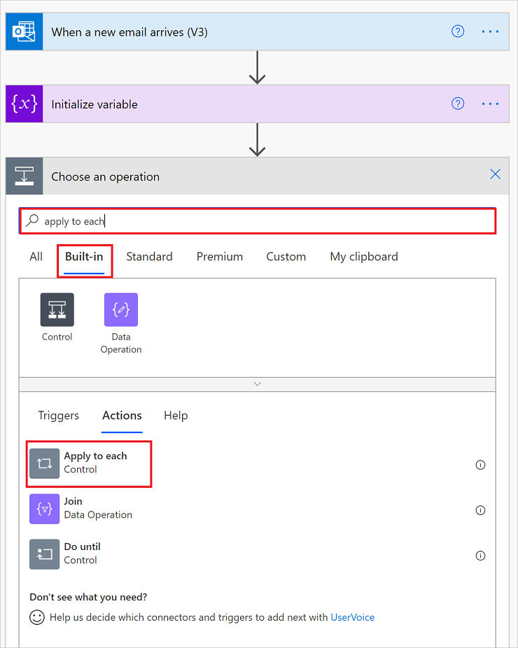 Screenshot dell'aggiungta di Applica a ciascun ciclo per scorrere gli allegati.
