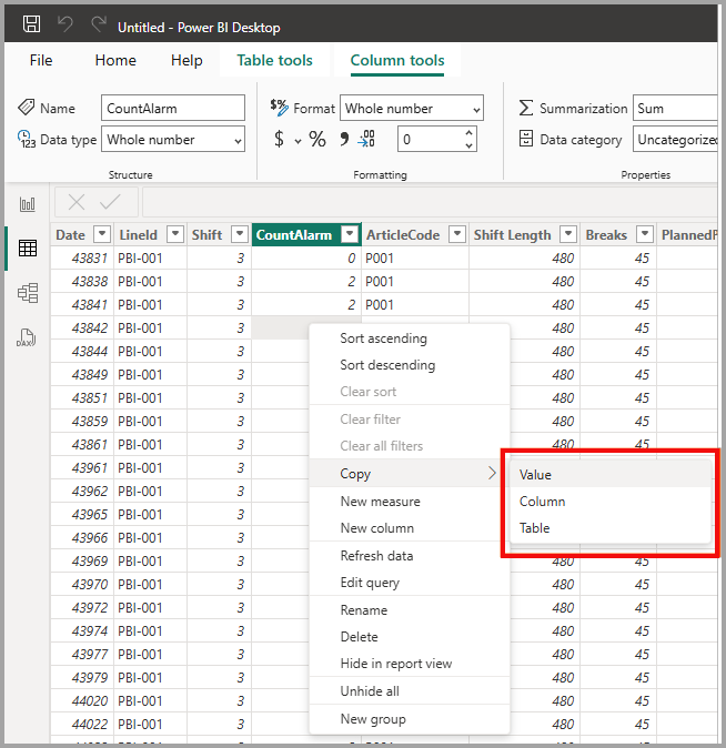 Screenshot del menu degli elementi della tabella da copiare.