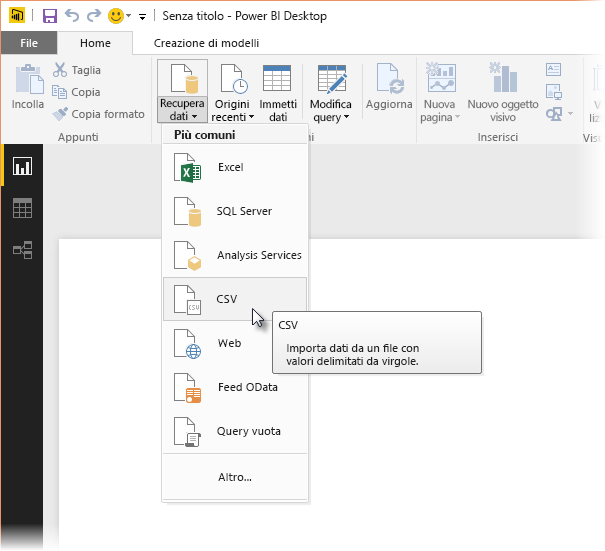 Screenshot della barra multifunzione Recupera dati in Power BI Desktop, mostra la selezione CSV.