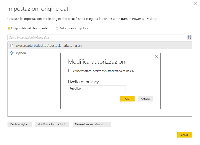 Screenshot della finestra di dialogo Impostazioni origine dati che mostra che il livello di privacy è impostato su Pubblico.