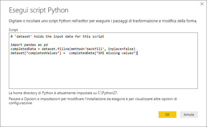 Screenshot della finestra di dialogo Esegui script Python che mostra il codice script.