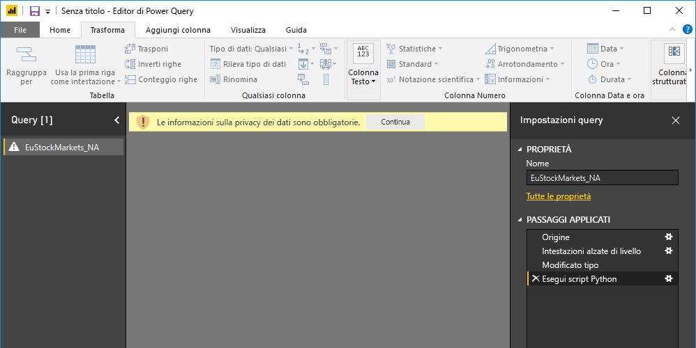 Screenshot del riquadro Editor di Power Query che mostra l'avviso relativo alla privacy dei dati.