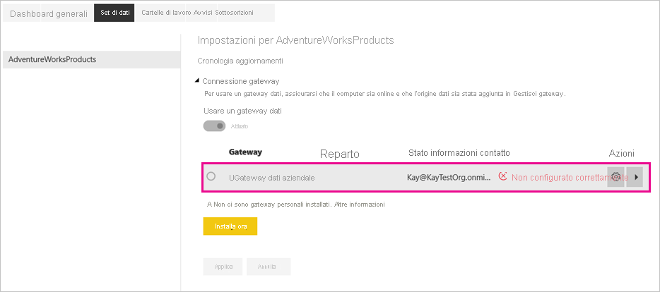 Screenshot che mostra la connessione del gateway nelle Impostazioni.