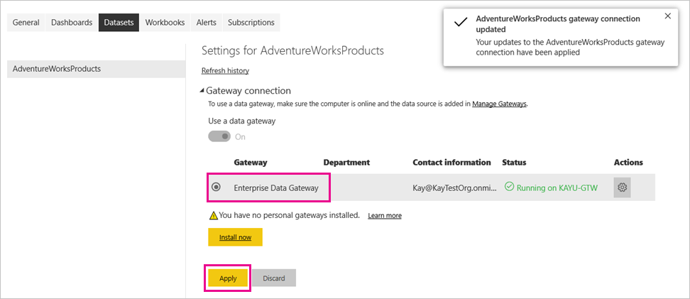 Screenshot che mostra l'utilizzo della connessione gateway.
