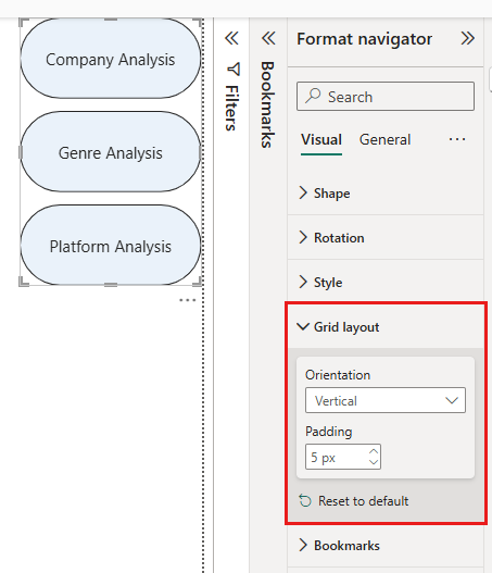 Screenshot del riquadro di navigazione Formato in Power BI. Le impostazioni del layout Griglia sono evidenziate, con i controlli per l'orientamento e il riempimento.