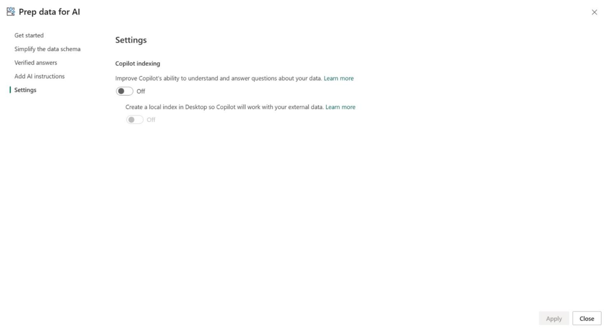 Screenshot della pagina Prepare Data for AI settings (Prepara dati per intelligenza artificiale) in Power BI Copilot.