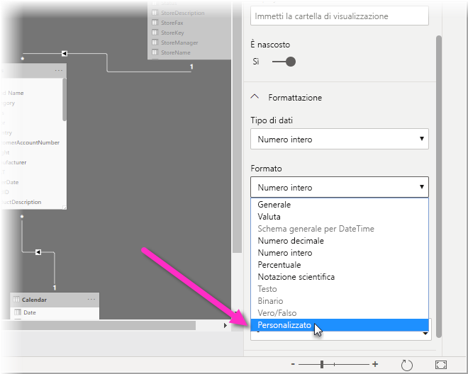 Screenshot di Power BI Desktop nella visualizzazione Modellazione, evidenziando Personalizzato nel menu a tendina Formato.