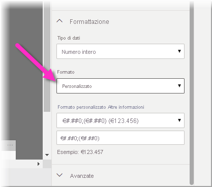 Screenshot del menu Formattazione, evidenziando l'opzione Personalizzato.