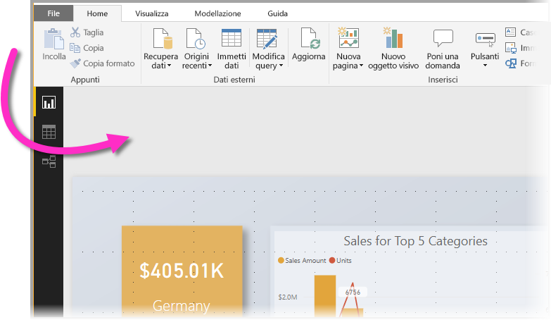 Screenshot di Power BI Desktop che evidenzia l'area dello sfondo.