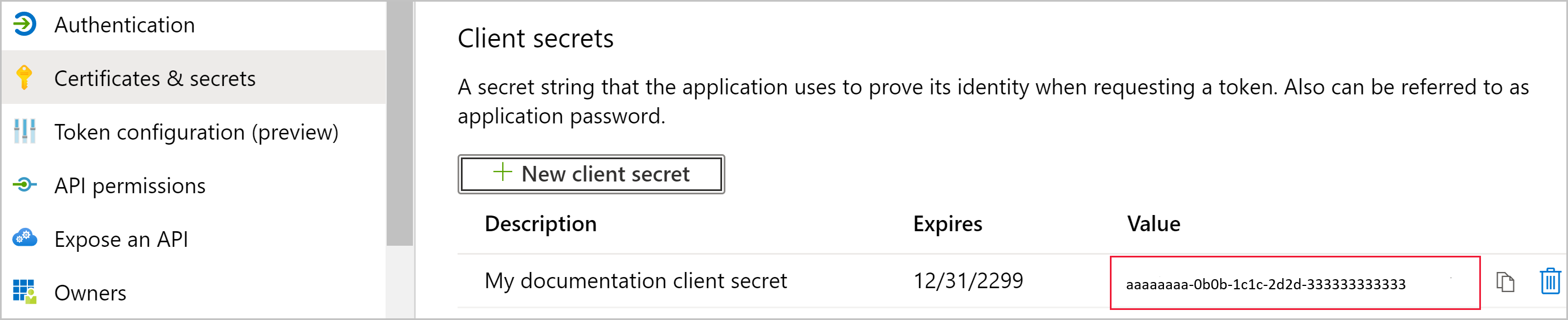 Screenshot della pagina Certificati e segreti per l'app. In Segreti client è visibile un nuovo segreto. Il valore indecifrabile è evidenziato.