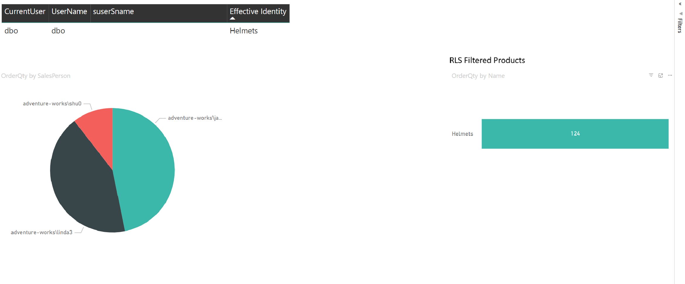 Screenshot di un report di Power BI incorporato con SSO e RLS applicato al set di dati.