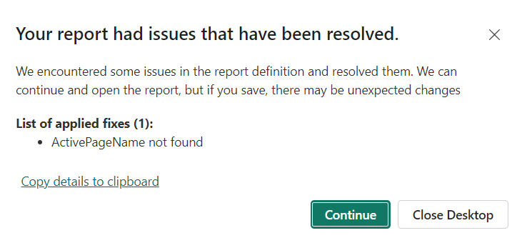 Screenshot dell'errore di non-blocco PBIR del prompt.