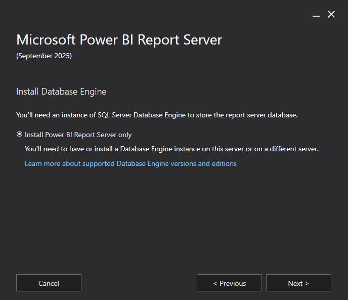 Screenshot della pagina Installa motore di database nel programma di installazione del server di report di Power BI, con l'opzione Installa solo server di report di Power BI selezionata.