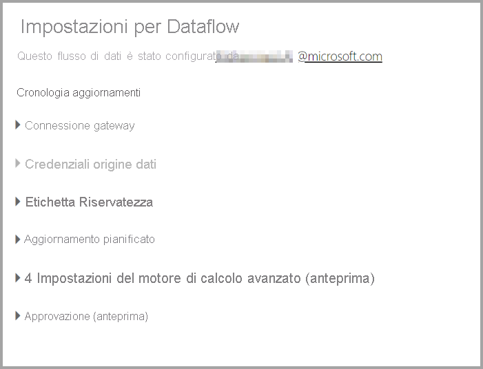 Screenshot della pagina Impostazioni di un flusso di dati dopo aver selezionato l'opzione Impostazioni nell'elenco a discesa del flusso di dati.