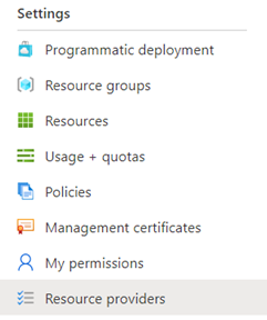 Screenshot delle opzioni di menu delle impostazioni e sono selezionati i provider di risorse.