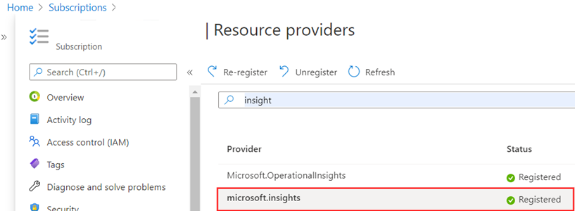 Schermata dei fornitori di risorse nel riquadro principale con Microsoft.insights registrato.