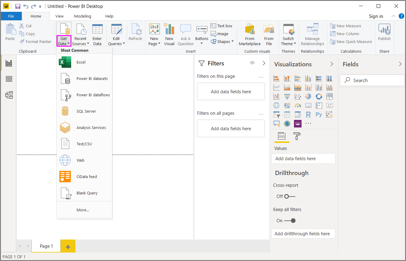 Screenshot dell'elenco a discesa Origini dati comuni dopo aver selezionato il pulsante Ottieni dati sulla barra multifunzione.