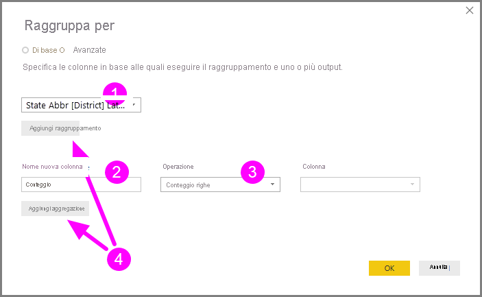 Screenshot mostra la finestra di dialogo Raggruppa per con le opzioni Base e Avanzate evidenziate.