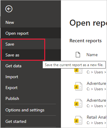 Screenshot di Power BI Desktop che mostra la scheda File dell'editor di Power Query. Le opzioni *salva* e *salva con nome* evidenziate.