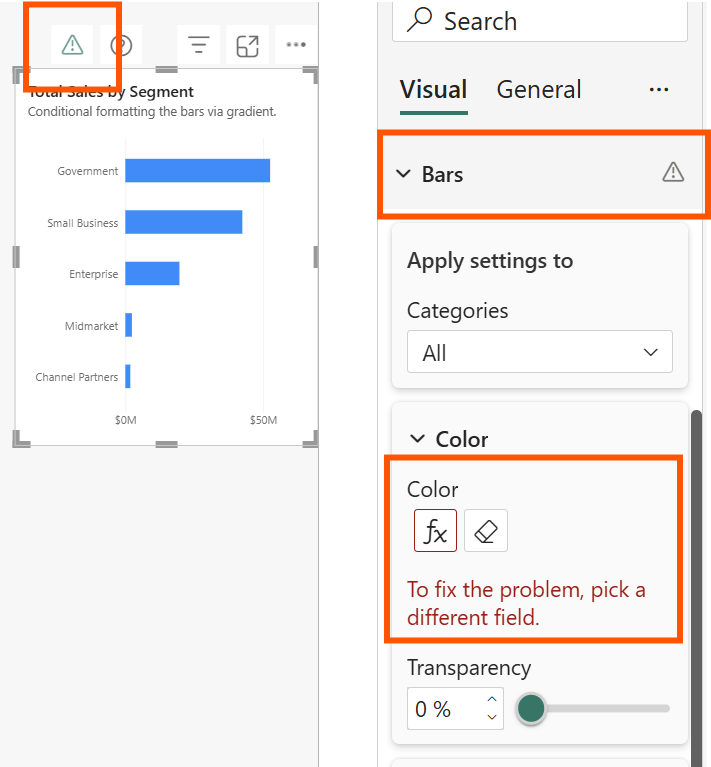 Screenshot che mostra un oggetto visivo con errori di formattazione condizionale. Le icone di avviso vengono visualizzate nell'intestazione visiva e nel riquadro Formato e un messaggio di errore indica all'utente di selezionare un campo diverso.