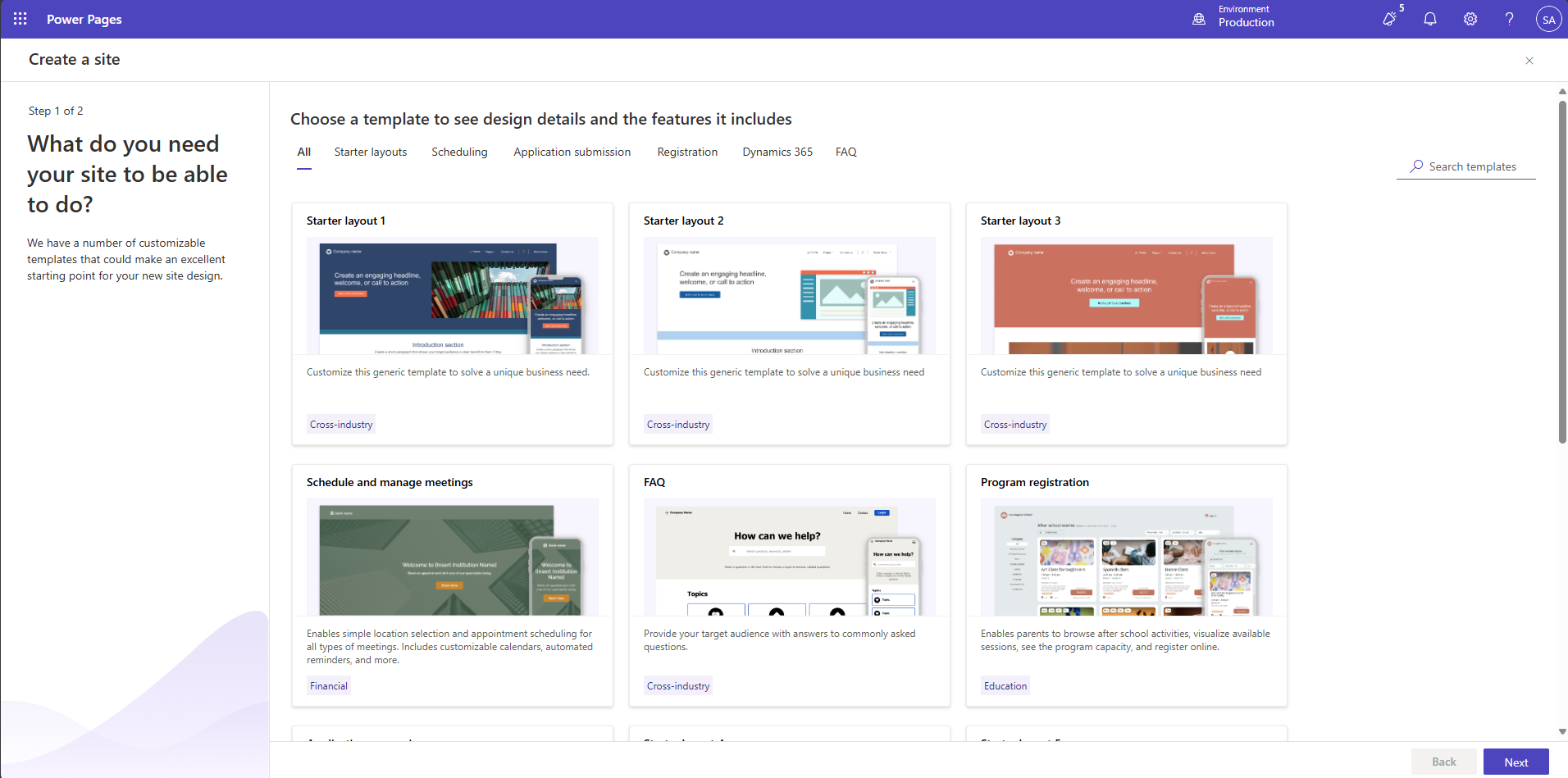 La GUI dello studio di progettazione con il modello predefinito selezionato.