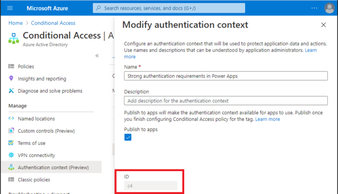 ID contesto di autenticazione di Azure Portal