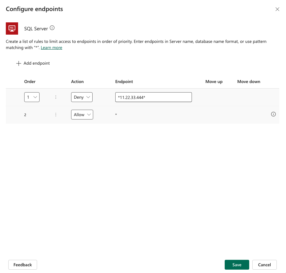 Seleziona Aggiungi endpoint per aggiungere nuove regole.