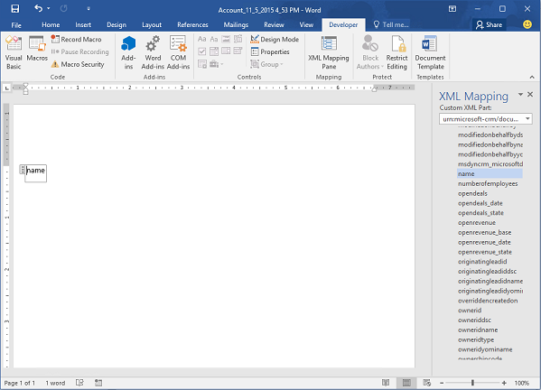 Il campo viene inserito nel Word template.