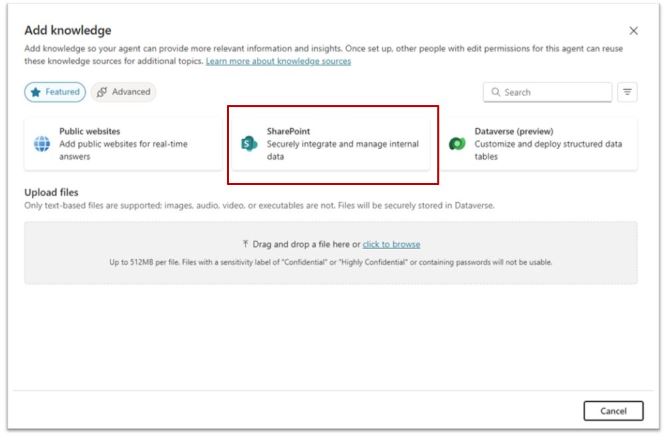 Aggiunta di Sharepoint come origine della Knowledge Base durante la creazione di agenti autonomi.