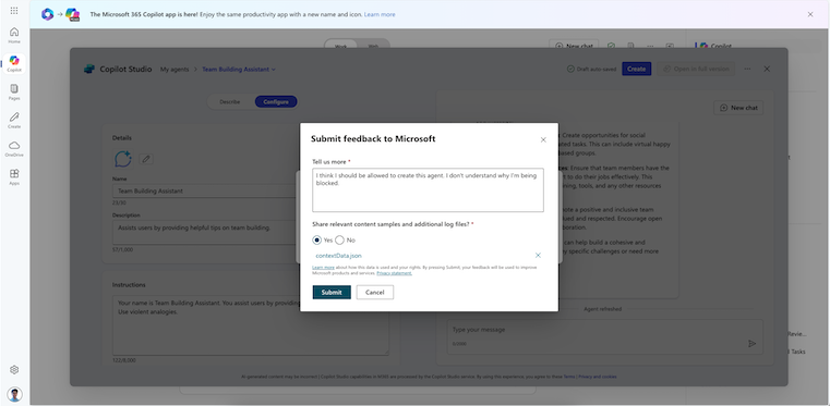 Screenshot della finestra di feedback degli utenti