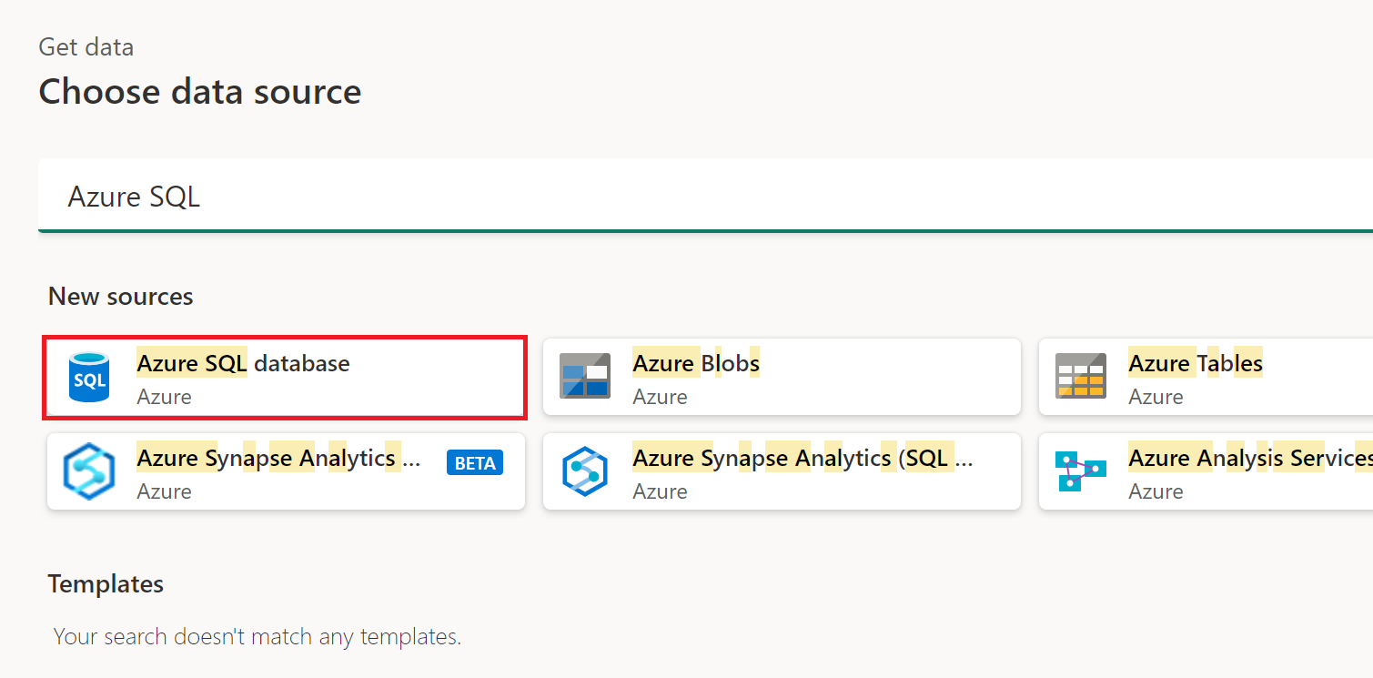 Screenshot della finestra di ottenere i dati con il database SQL di Azure evidenziato.