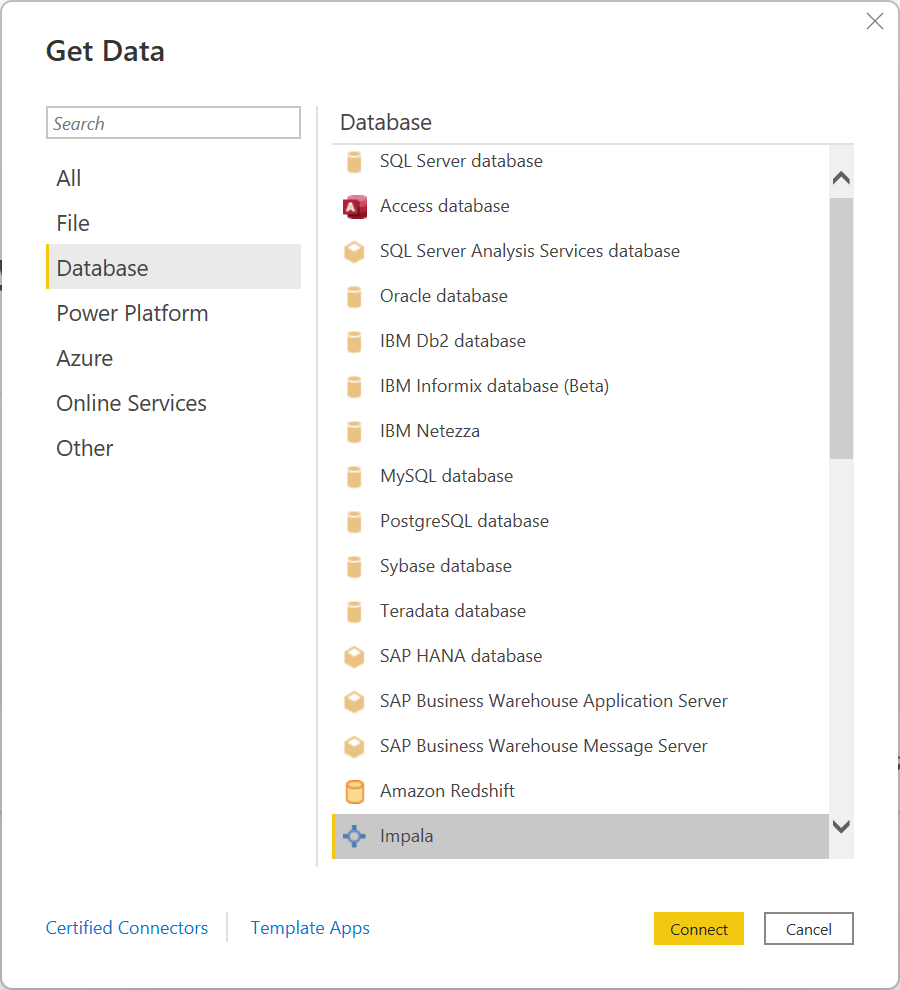 Screenshot della finestra di dialogo Recupera dati con la categoria Database e il connettore Impala selezionato.