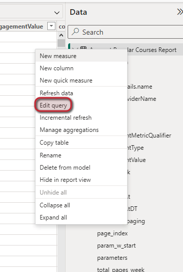 Screenshot in cui l'opzione di modifica della query si trova all'interno di Power BI.