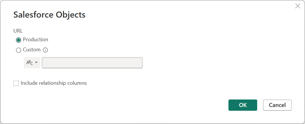 Screenshot della finestra di dialogo Recupera dati con l'URL di produzione selezionato.