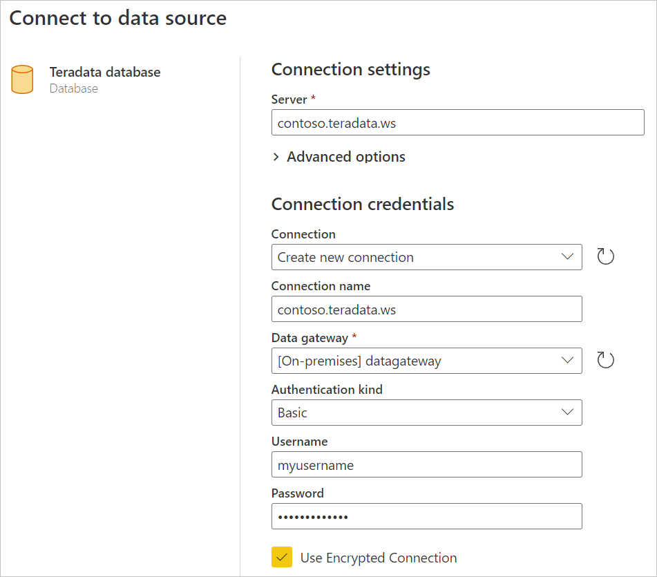Screenshot della schermata di collegamento alle origini dati per il collegamento online a un database Teradata, mostrando contoso.teradata.ws come server di esempio.